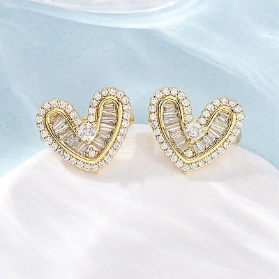 Heart Brass Micro Pave Clear Cubic Zirconia Cuff Earrings EJEW-H158-21G-1