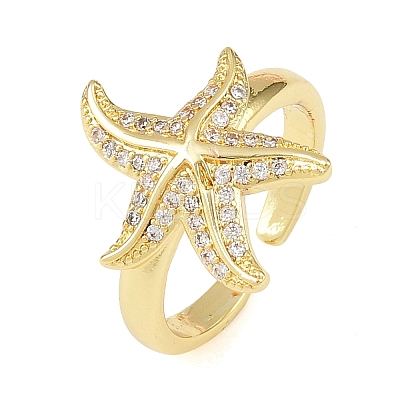 Starfish Brass Micro Pave Clear Cubic Zirconia Cuff Rings for Women RJEW-A088-08B-G-1