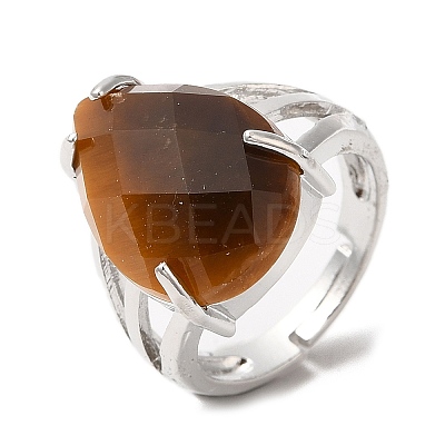 Natural Tiger Eye Teardrop Adjustable Rings RJEW-K241-03P-12-1