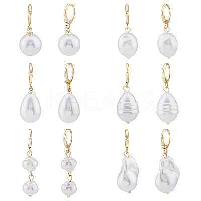 6 Pair 6 Style Natural Pearl Dangle Leverback Earrings EJEW-AN0003-56-1