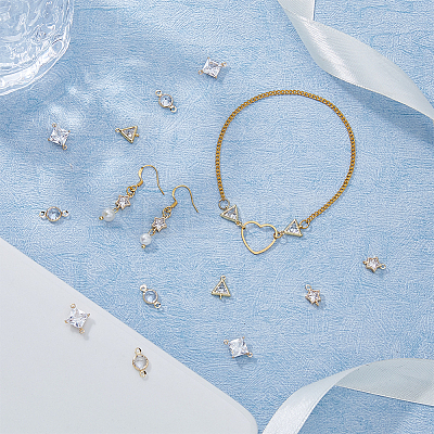 16Pcs 4 Styles Brass Pave Clear Cubic Zirconia Connector Charms KK-FH0007-30-1
