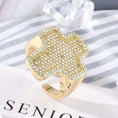 Brass Micro Pave Clear Cubic Zirconia Open Cuff Rings for Women LS-RJEW-R011-03G-01-1