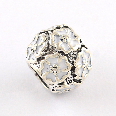 Antique Silver Plated Hollow Flower Pattern Rondelle Tibetan Style Alloy Enamel European Beads X-ENAM-Q421-10H-1