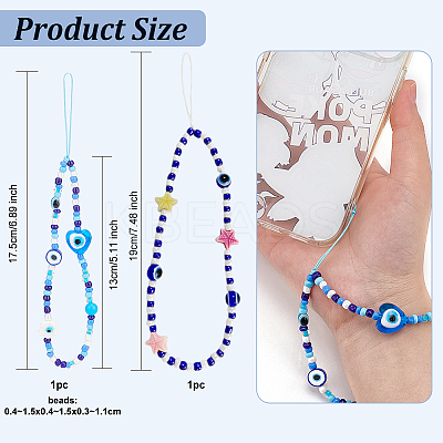 2Pcs 2 Style Evil Eye Glass Beaded Phone Lanyard AJEW-OC0004-10-1