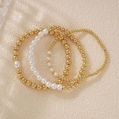 3Pcs 3 Styles Brass & Plastic Imitation Pearl Round Beads Stretch Bracelets for Women TJ3268-1-1