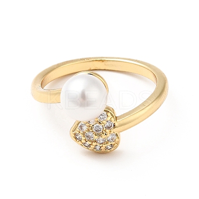 Clear Cubic Zirconia Heart Open Cuff Ring with Acrylic Pearl KK-E060-21G-1