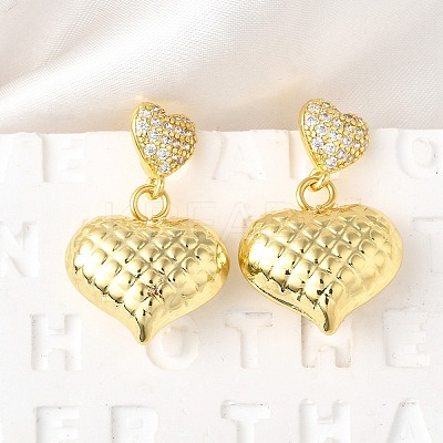 Textured Heart Brass Micro Pave Clear Cubic Zirconia Dangle Stud Earrings EJEW-Z099-02G-01-1