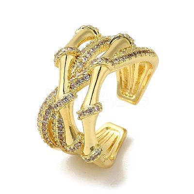 Brass Cubic Zirconia Bamboo Open Cuff Ring RJEW-Z019-01G-1