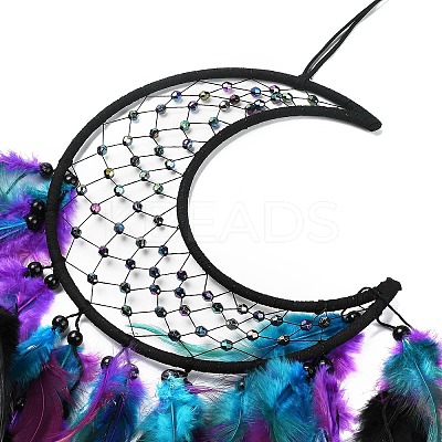 Moon Woven Web/Net with Feather Hanging Ornaments HJEW-G025-09A-1