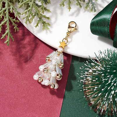 Christmas Tree Glass & Shell Pearl Pendant Decorations HJEW-TA00182-02-1