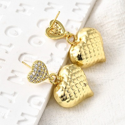 Textured Heart Brass Micro Pave Clear Cubic Zirconia Dangle Stud Earrings EJEW-Z099-02G-01-1