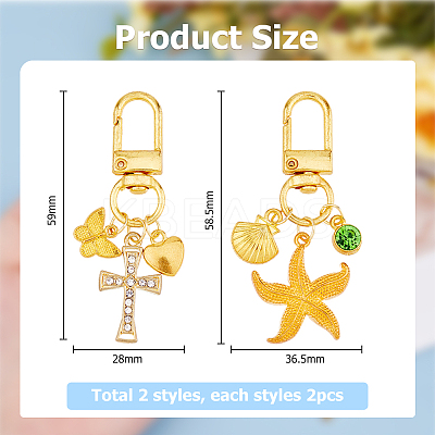 4Pcs 2 Styles Starfish & Cross Alloy Pendant Decoration HJEW-HS00001-1