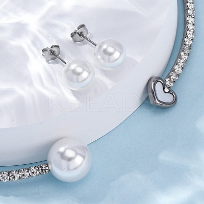 Round Plastic Imitation Pearl Stud Earrings & Rhinestone Cuff Choker Necklaces Sets SJEW-U003-11P-1