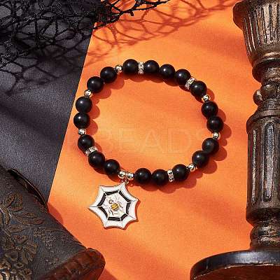 Frosted Natural Dyed & Heated Black Agate(Dyed & Heated) Beaded Stretch Bracelets BJEW-JB10565-1