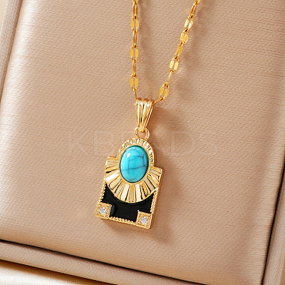 Brass Clear Cubic Zirconia and Black Enamel Rectangle with Oval Pendant Necklaces for Daily Wear AY5004-1-1