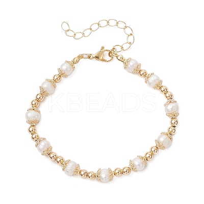 Natural Cultured Freshwater Pearl & Brass Beaded Bracelets for Women BJEW-JB13015-01-1