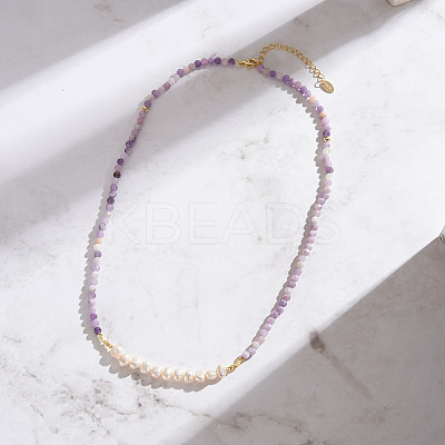Round Natural Lepidolite & Natural Freshwater Pearl & 925 Sterling Silver Beaded Necklaces for Women NJEW-G154-01G-1