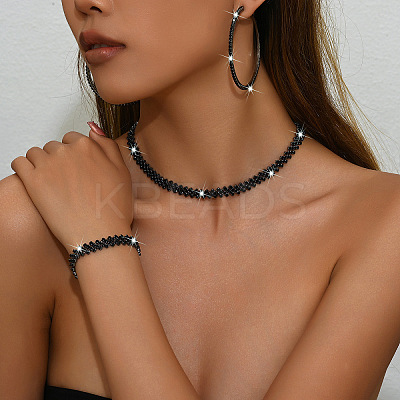 Alloy with Jet Rhinestone Chain Necklace & Hoop Earring & Bracelet FS-WG9D127-03-1