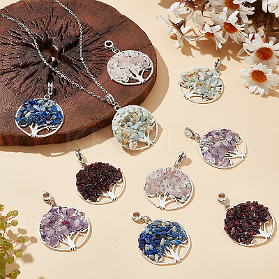 10Pcs 5 Styles Natural Amethyst & Lapis Lazuli & Rose Quartz & Garnet & Flower Amazonite Chip Tree of Life Big Pendants PALLOY-HY00014-1