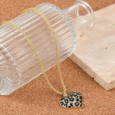 Brass Micro Pave Clear Cubic Zirconia Black Leopard Print Heart Pendant Necklaces for Women NJEW-M079-02G-1