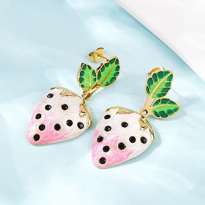 304 Stainless Steel Enamel Strawberry Dangle Stud Earrings LS-EJEW-A138-10G-02-1