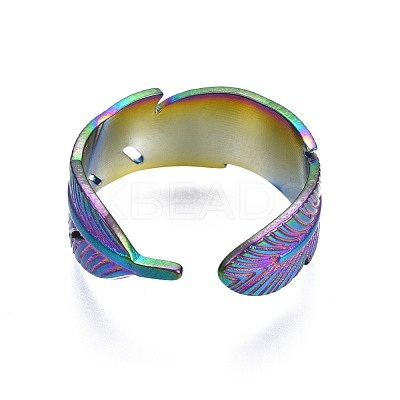 304 Stainless Steel Feather Wrapped Cuff Ring RJEW-N038-061-1