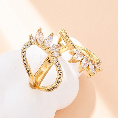 Brass Clear Cubic Zirconia Horse Eye Cuff Rings for Women RJEW-U047-31G-1