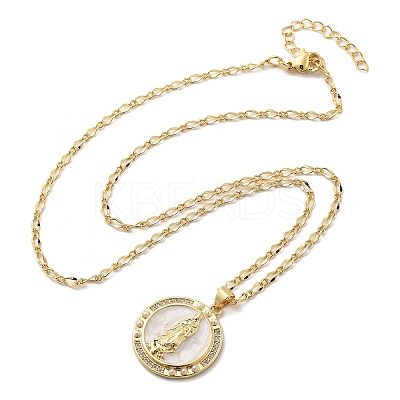 Flat Round with Virgin Mary Brass Micro Pave Cubic Zirconia Pendant Necklaces NJEW-S385-03A-G-1
