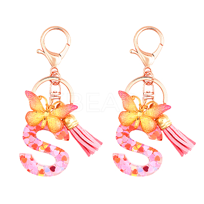 Fashion Alphabet Initial Letter Resin Keychain with Tassel Gradient Butterfly Pendant Key Ring KEYC-WH0027-105A-1