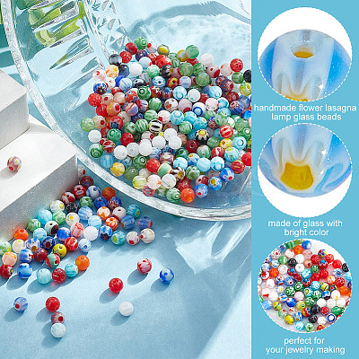 4 Strands Handmade Millefiori Glass Round Bead Strands LAMP-GO0001-13-1