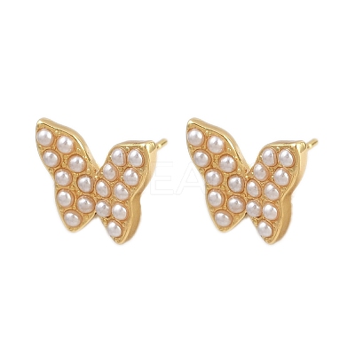 Brass ABS Plastic Pearl Butterfly Stud Earrings EJEW-L275-10G-1