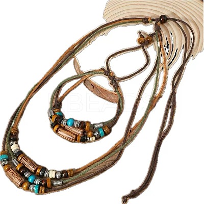 Wood & Alloy & Wax Cord Beaded Necklace & Braided Bead Style Bracelets Sets FS-WG2541A-01-1