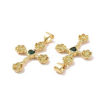 Cross with Flower Brass Micro Pave Cubic Zirconia Pendants KK-G435-06G-1