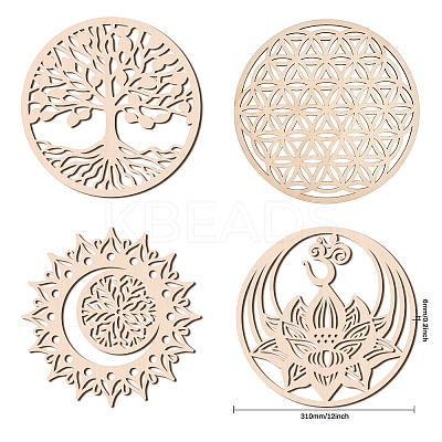 4Pcs 4 Styles Laser Cut Wooden Wall Sculpture WOOD-GL0001-05-1