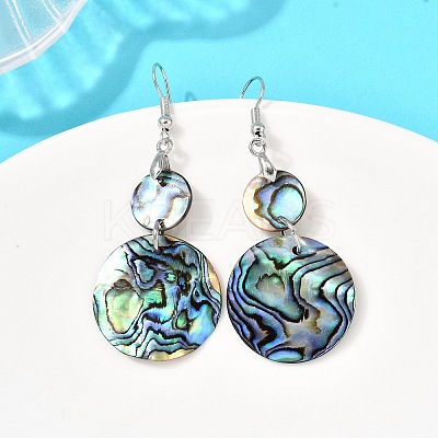 Brass Natural Paua Shell Flat Round Dangle Earrings EJEW-S278-01P-1