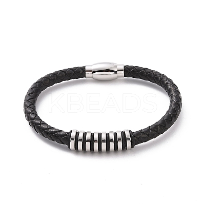 Black Leather Braided Cord Bracelet with 304 Stainless Steel Magnetic Clasps BJEW-P275-02P-1