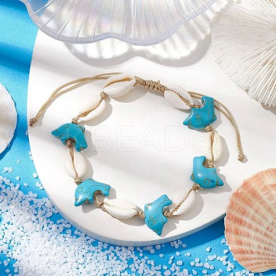 Natural Mixed Cowrie Shell with Synthetic Turquoise Beaded Anklets AJEW-AN00596-1