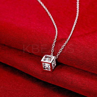 Silver Color Plated Brass Cubic Zirconia Cube Pendant Necklace NJEW-BB00455-1