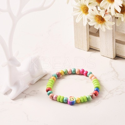 Natural Wood Round Beads Stretch Bracelets for Kid BJEW-JB06640-1