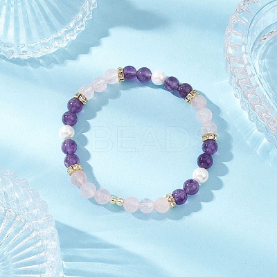 Natural Amethyst & Rose Quartz  & Shell Pearl Round Beads Stretch Bracelets for Women BJEW-JB12229-02-1
