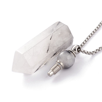 Natural Tourmalinated Quartz/Black Rutilated Quartz Openable Perfume Bottle Pendant Necklaces NJEW-H216-06P-1