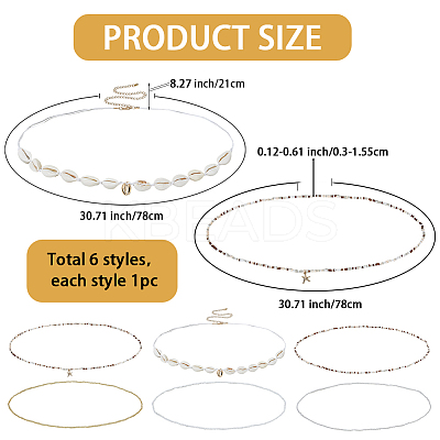 6Pcs 6 Styles Summer Beach Glass Seed Beads and Natural Cowrie Shell Beaded Waist Belly Chains Sets for Women AJEW-WH20019-89-1