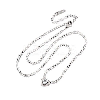 304 Stainless Steel Clear Cubic Zirconia Heart Pendant Necklaces for Women NJEW-Z044-15P-02-1