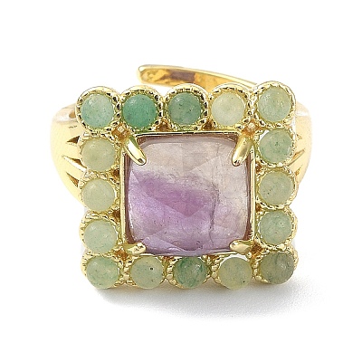 Natural Amethyst & Green Aventurine Rectangle Adjustable Ring RJEW-B030-01A-10-1