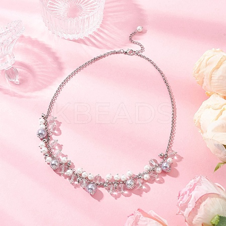 Round Glass Beaded Bib 304 Stainless Steel Rolo Chain Necklaces NJEW-JN05359-02-1