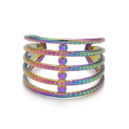 Rainbow Color Ion Plating(IP) 304 Stainless Steel Chunky Open Cuff Ring for Women RJEW-A005-35MC-1