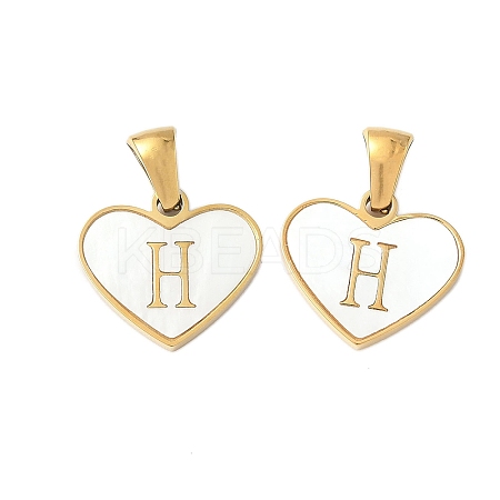 304 Stainless Steel Pave Natural White Shell Heart with Initial Slice Pendants STAS-R168-25G-H-1