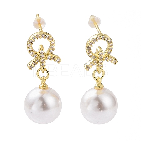 Clear Cubic Zirconia Knot with Plastic Pearl Dangle Earrings KK-E033-15G-1