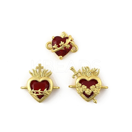 Brass Pave Dark Red Glass Scared Heart Connector Charms KK-FZC0001-01G-1