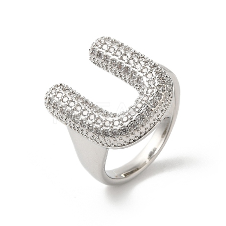 Letter Brass Micro Pave Clear Cubic Zirconia Open Cuff Ring for Women RJEW-N046-03U-P-1